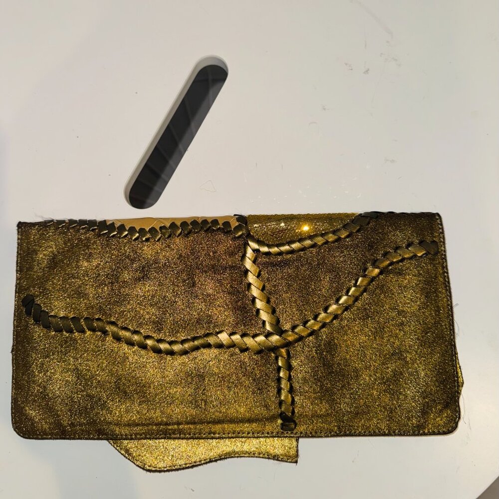Balmain Gold Croc Leather, Suede, and Rhinestone Patchwork Clutch - Picture 10 of 10